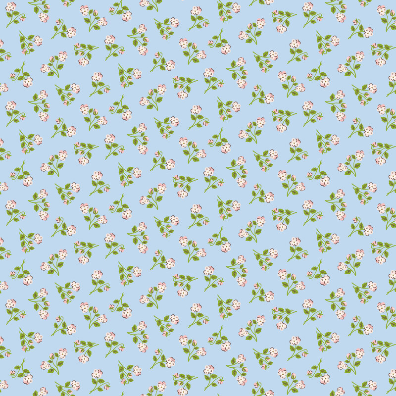 Pastel blue fabric with a tossed pattern of pink floral sprigs with green stems.