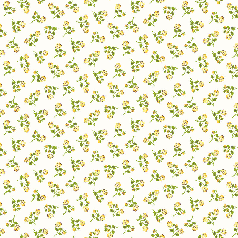 Warm white fabric with a tossed pattern of yellow floral sprigs with green stems.