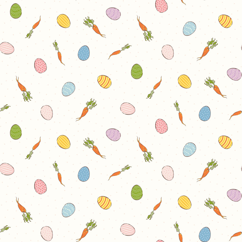 Scattered pattern of easter eggs and carrots with pale pink polka dot accents on a soft white background.
