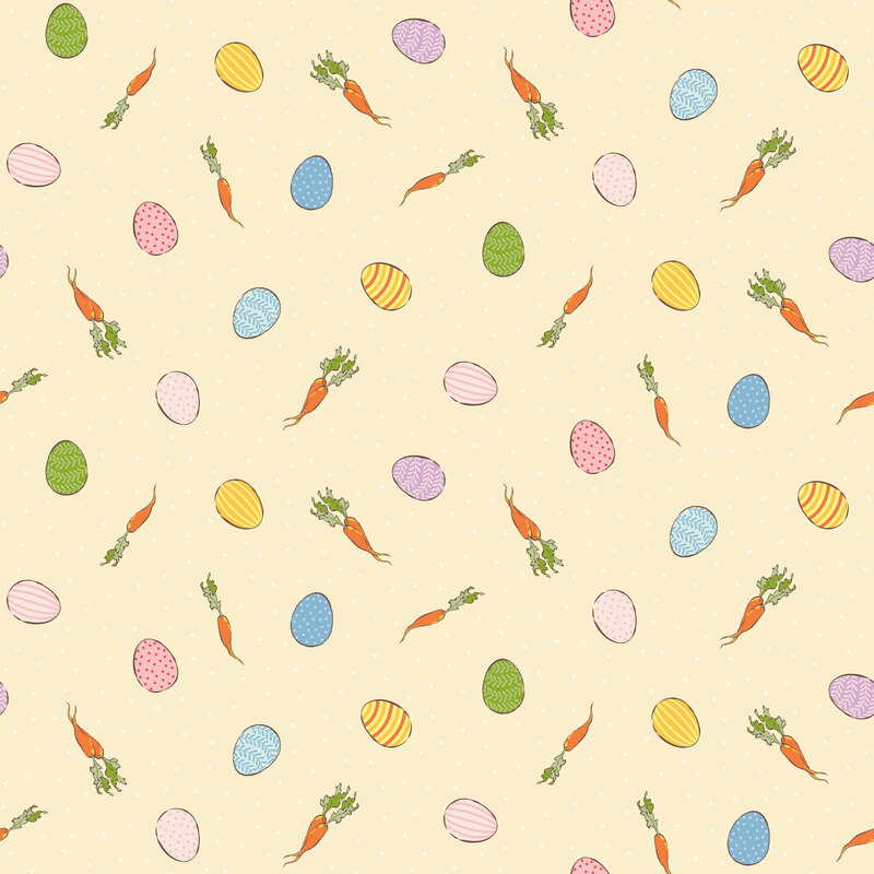 Scattered pattern of easter eggs and carrots with white polka dot accents on a pale yellow background.
