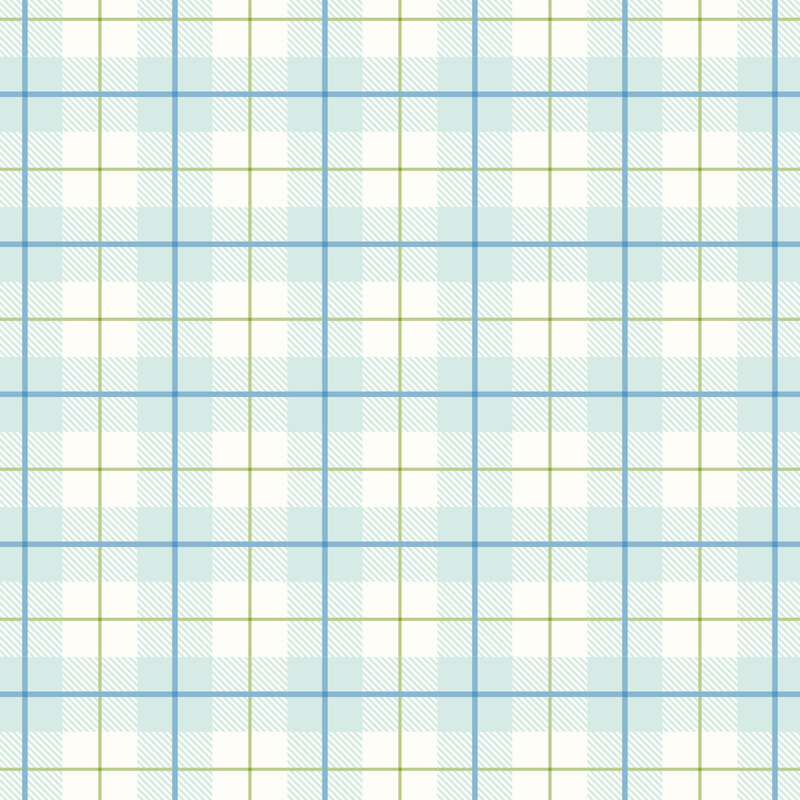 Ice blue, white, olive and blue plaid fabric.
