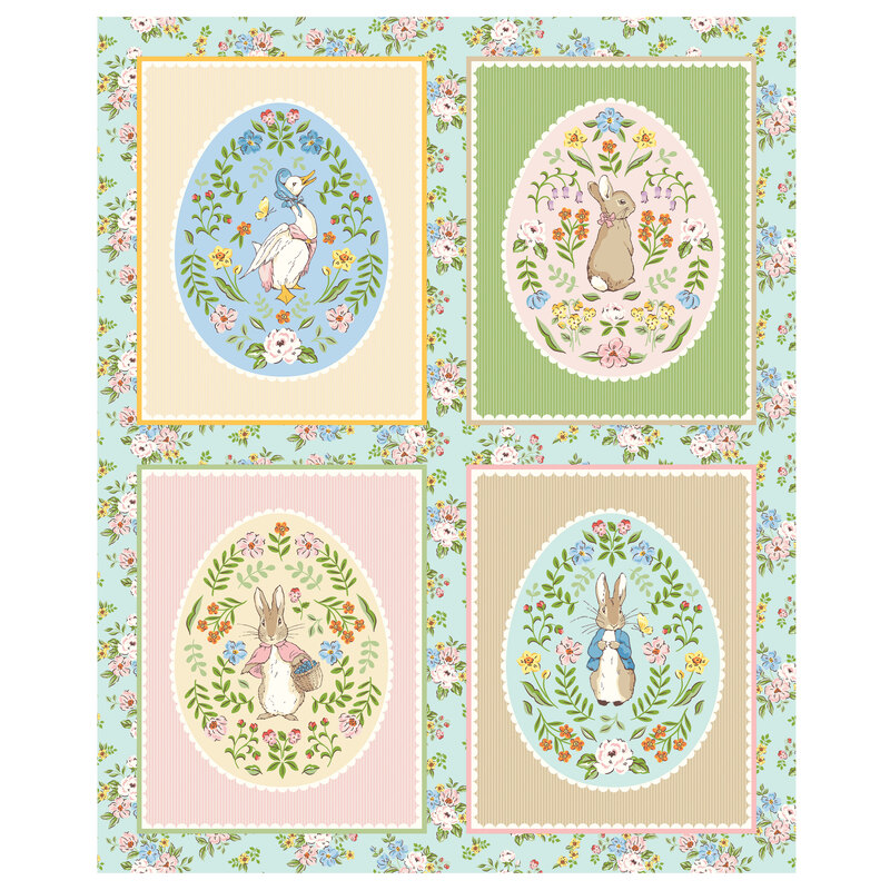 Colorblocked panels featuring a decorated egg with florals and a peter rabbit character in the center on a bright aqua background with florals.