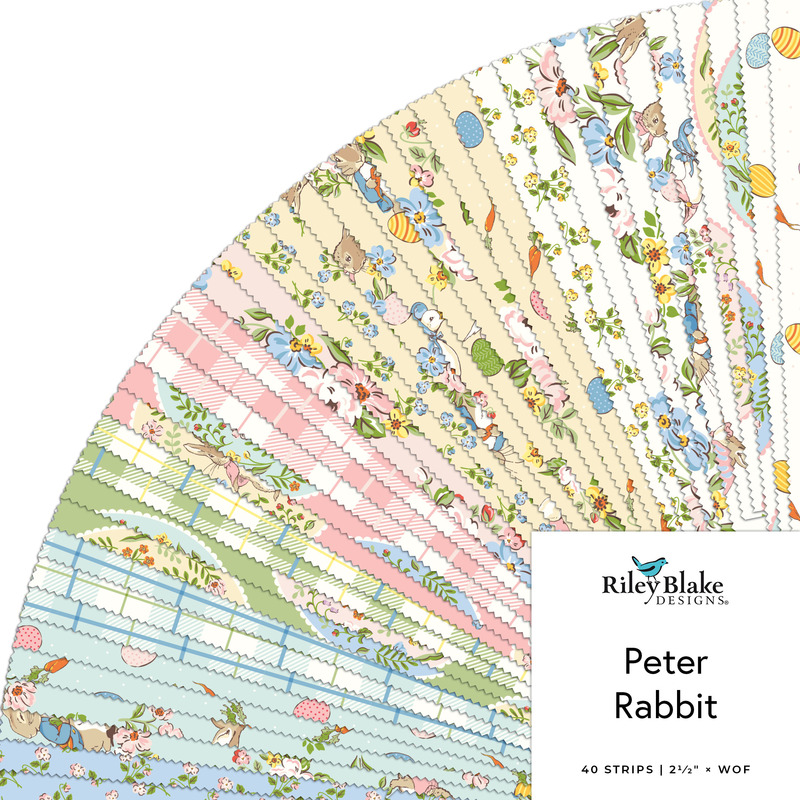 Fanned collage of fabrics from the Peter Rabbit Spring collection featuring easter and Peter Rabbit themed fabrics in white and pastel hues