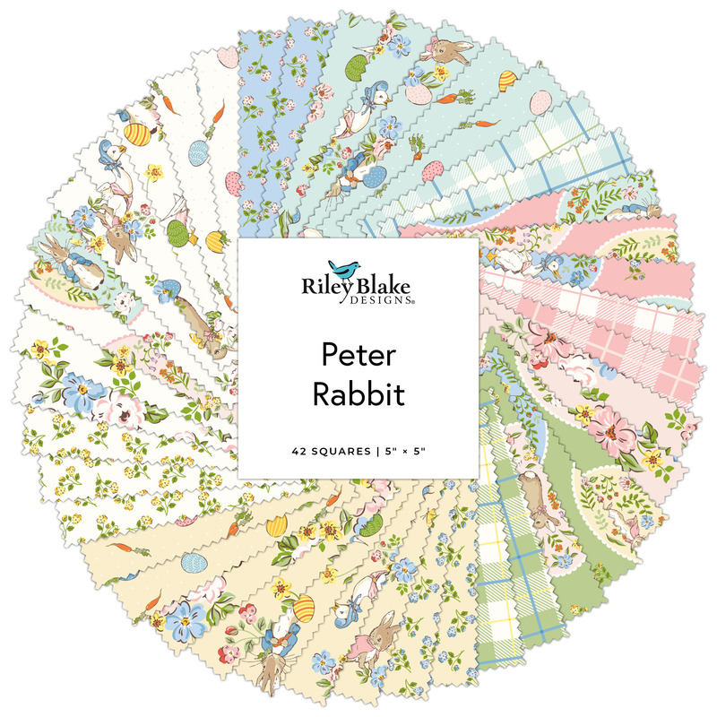 Circular collage of the Peter Rabbit fabrics featuring easter and Peter Rabbit themed fabrics in white and pastel hues.