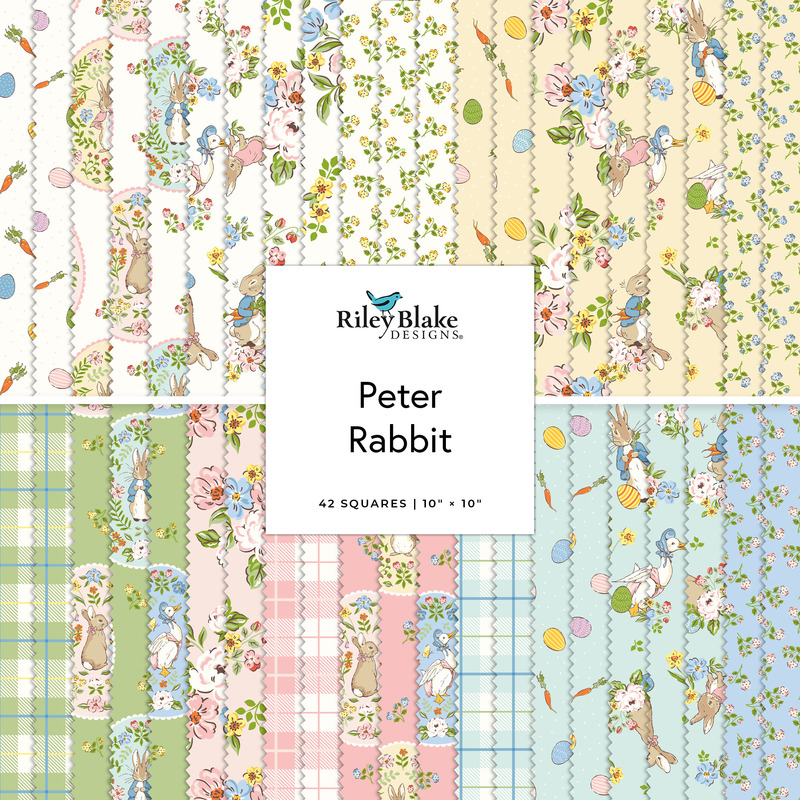 Square collage of the Peter Rabbit Spring fabrics featuring easter and Peter Rabbit themed fabrics in white and pastel hues.
