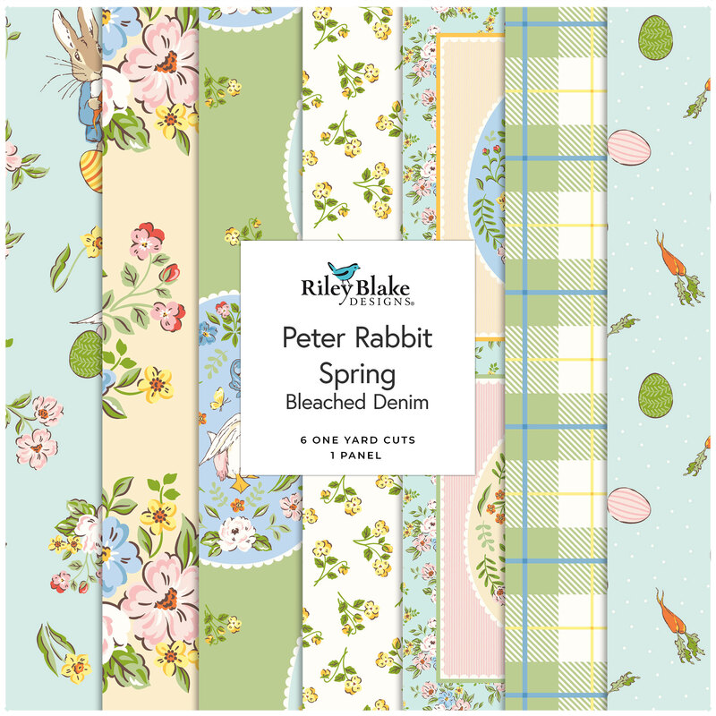 Fabric strip collage of the Peter Rabbit Spring 1 yard bundle - bleached denim featuring spring themed fabrics in hues of aqua, light green, and pale yellow.