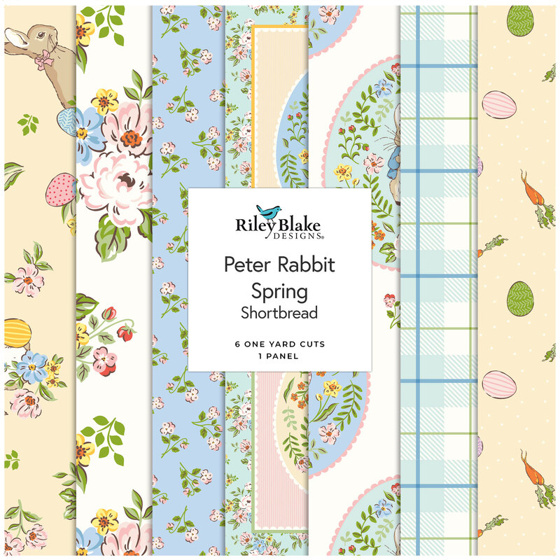 Fabric strip collage of the Peter Rabbit Spring 1 yard bundle - bleached denim featuring spring themed fabrics in hues of aqua, white, pale yellow, and blue.