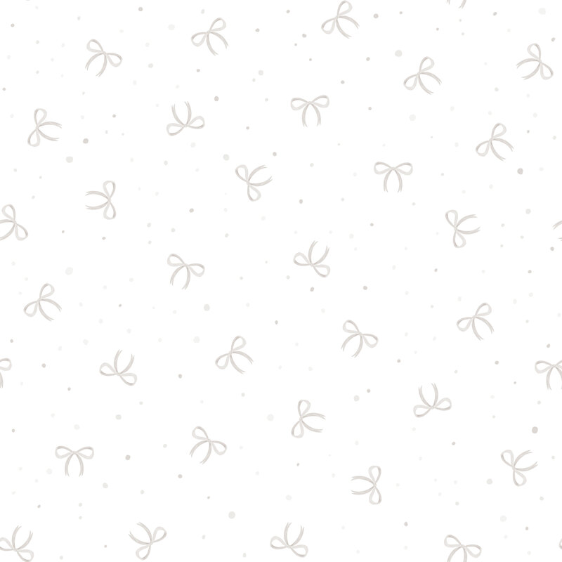 A white on white fabric tossed with bows and dots.
