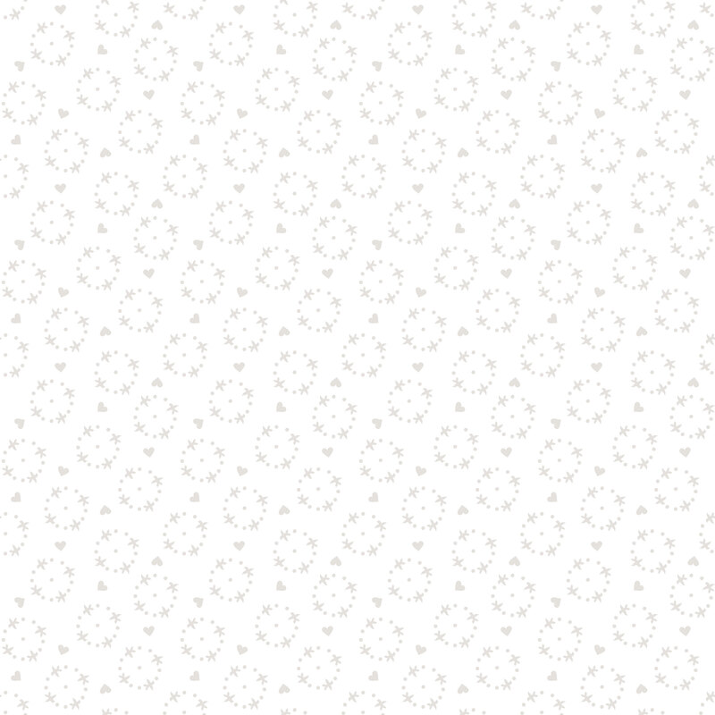 A white on white fabric with hearts and dots in a half drop.