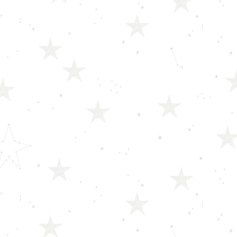 A white on white fabric featuring stylized stars and constellations. 