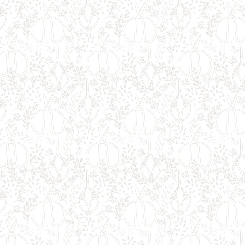 A fabric featuring scissors, leaves, and flower buds.