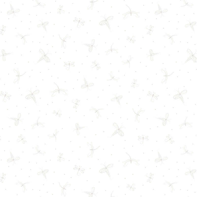 A fabric featuring stylized dragonflies and dots. 