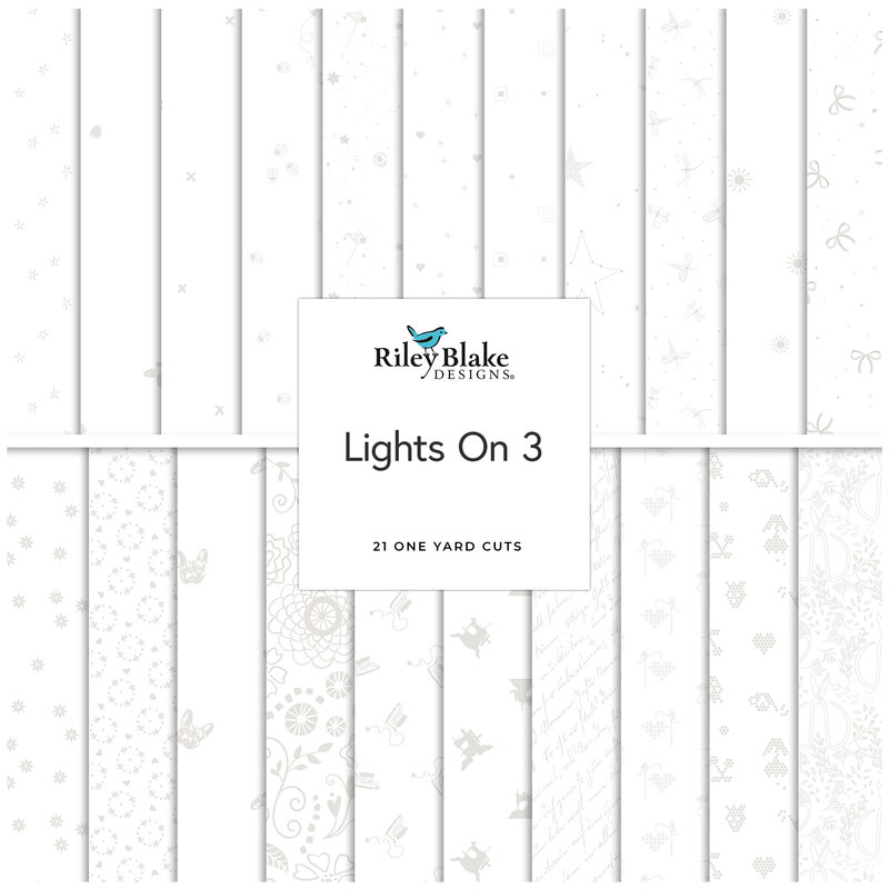 A collage of fabrics featured in the Lights On 3 one yard bundle by Riley Blake Designs.
