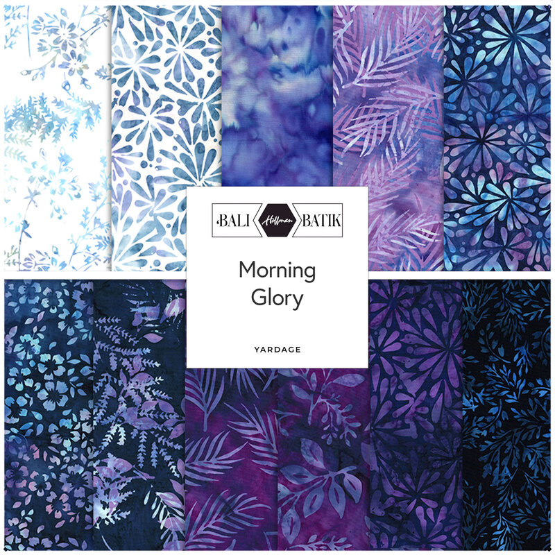 A collection of batik fabric swatches in shades of blue and purple featuring floral designs, labeled Morning Glory.