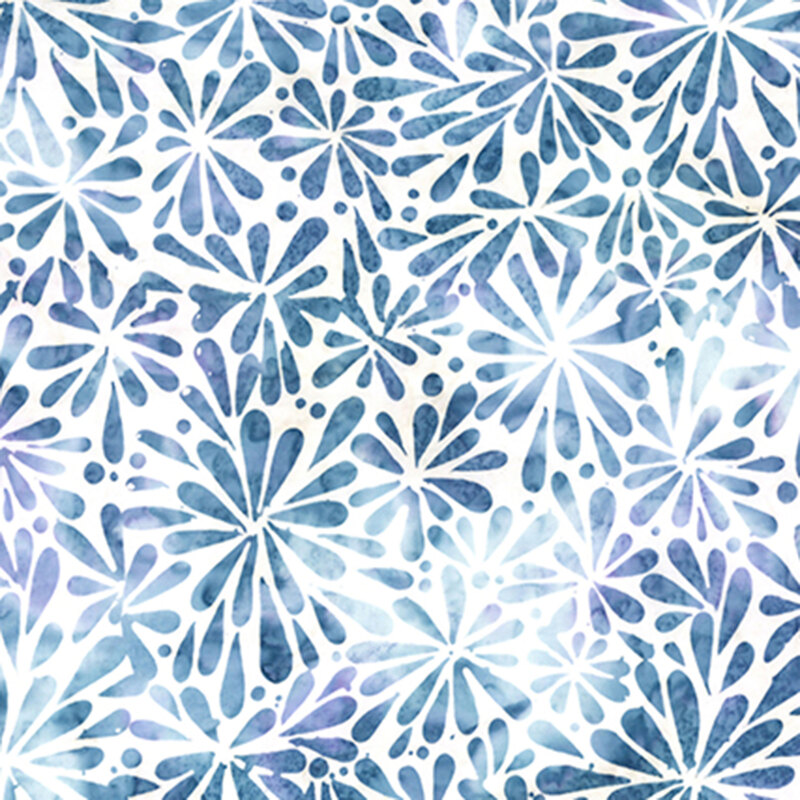 White batik with an abstract floral pattern accented with mottled blue details.