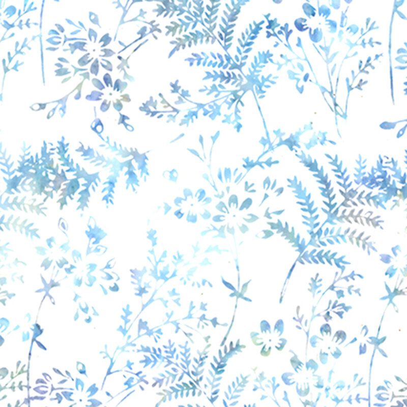 White batik fabric with a graceful pattern of mottled aqua leafy ferns and delicate floral buds.