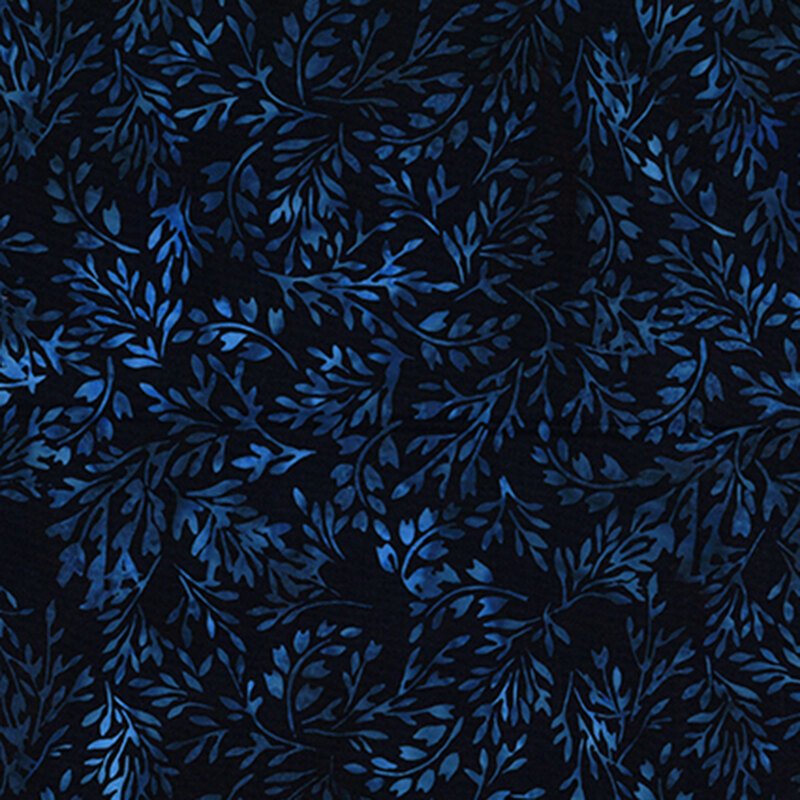 Black batik with an allover pattern of mottled blue leafy vines winding across the fabric.