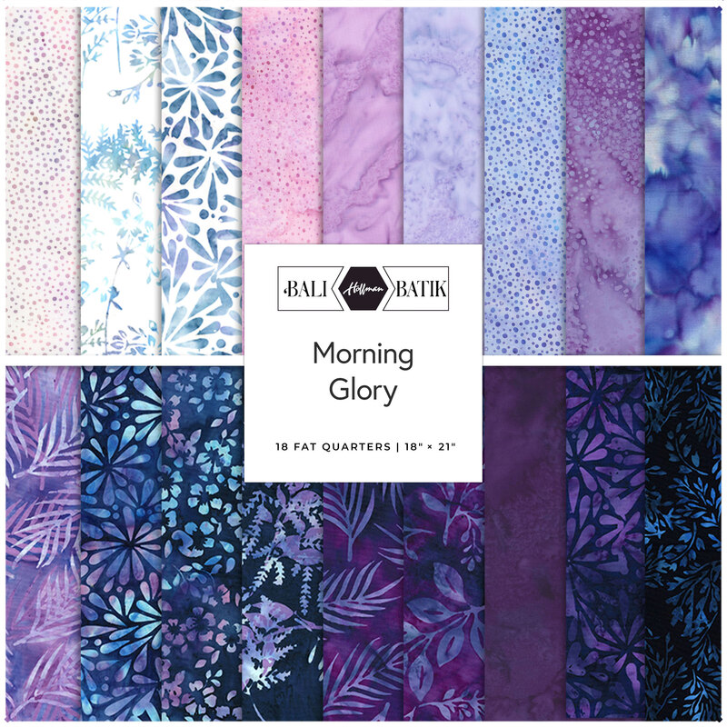 A collection of batik fabric samples in shades of blue and purple with floral patterns, labeled Morning Glory.