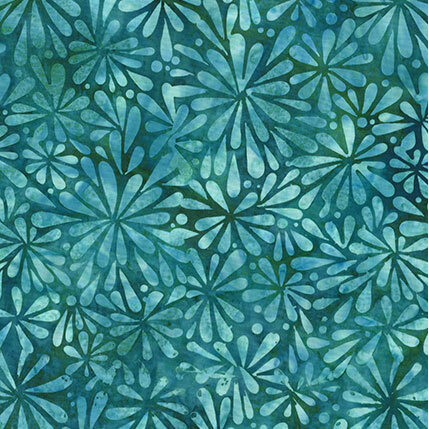 Mottled medium teal fabric featuring a stylized floral design.