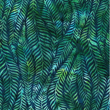 Mottled aqua and lime fern leaf print on a lagoon blue background.