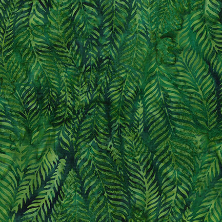Grass green fern leaf print on a mottled dark green background. 