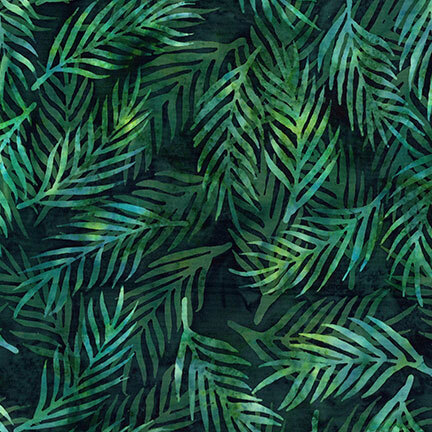Dark phthalo green fabric featuring a tossed palm leaf print.