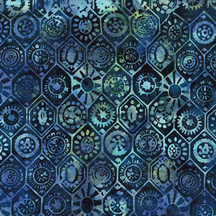 dark navy fabric featuring a repeating hexagon pattern with stylized motifs in hues of aqua and light green.