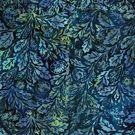 Mottled dark navy fabric with a stylized leaf and floral print in hues of green and aqua.