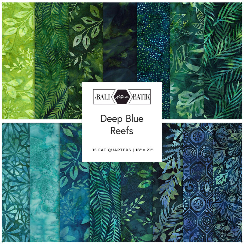 A square collage of the Deep Blue Reefs fabrics featuring mottled leaf and floral prints in green, aqua, and teal hues.