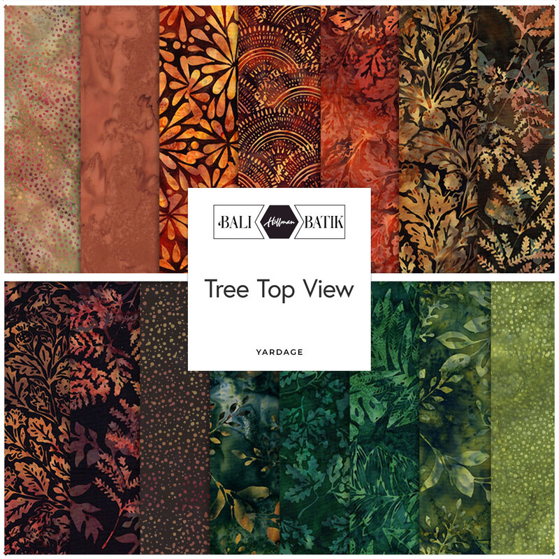 A fabric collage featuring earth toned batiks from the Tree Top View collection.