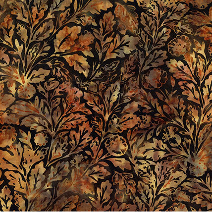 This mottled mahogany fabric features a design of oak leaves.