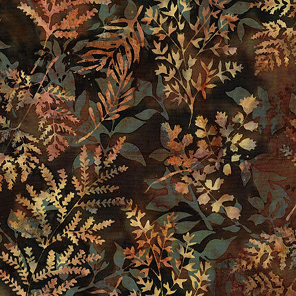 This earth brown fabric features a design of leaves and fern. 