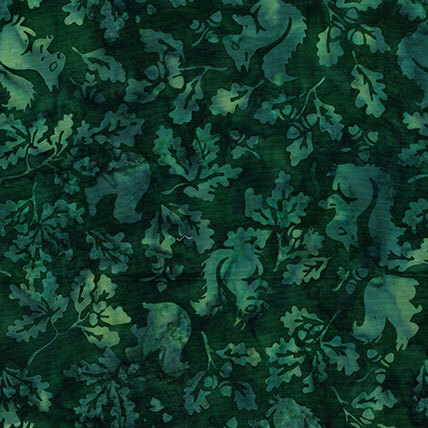 This spruce green fabric featured scattered oak leaves and squirrels. 
