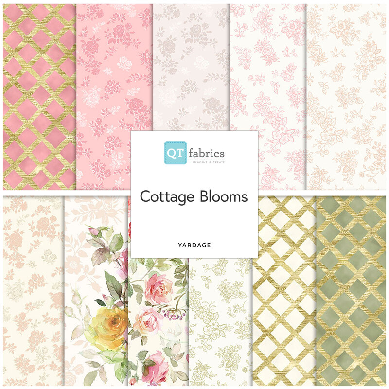 Yardage Collage of fabric from the Cottage Blooms collection featuring floral and grid prints