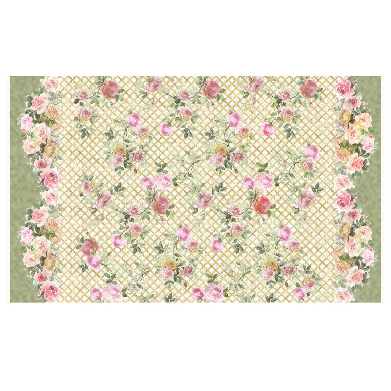 White and sage double border panel featuring a cascading watercolor rose pattern on a metallic lattice background.