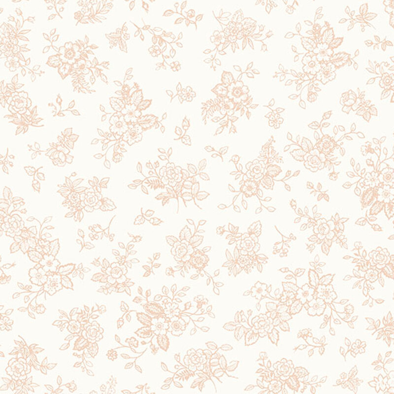 scattered floral bouquets and sprigs outlined in an apricot hue on a soft white background