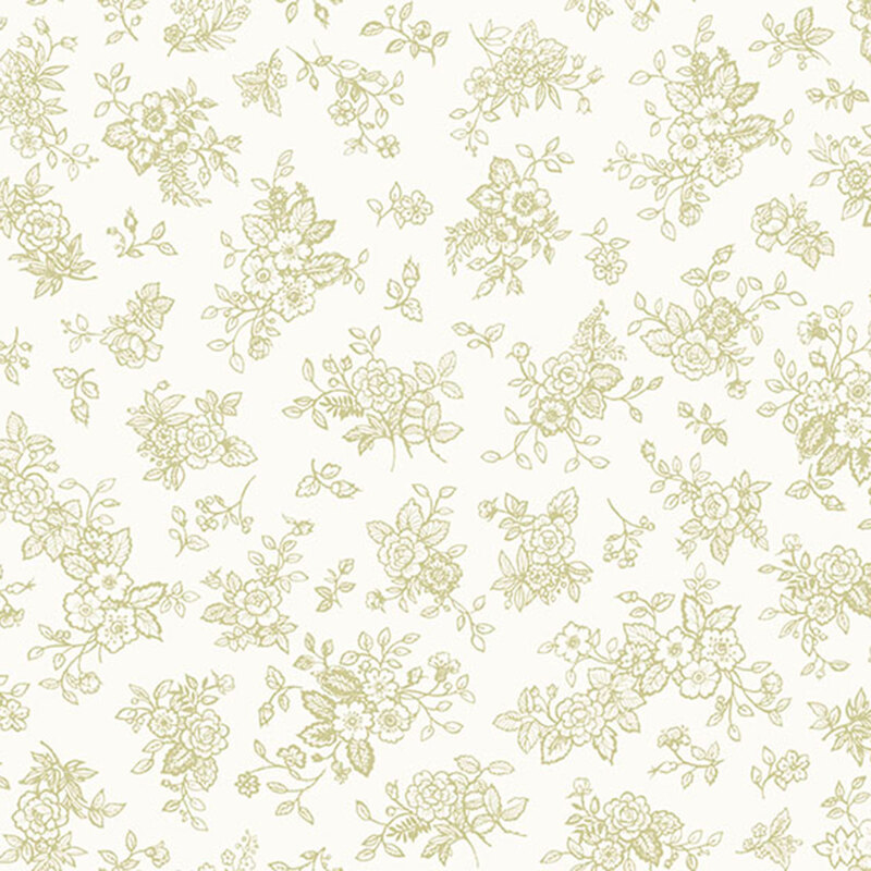scattered floral bouquets and sprigs outlined in an olive green hue on a soft white background