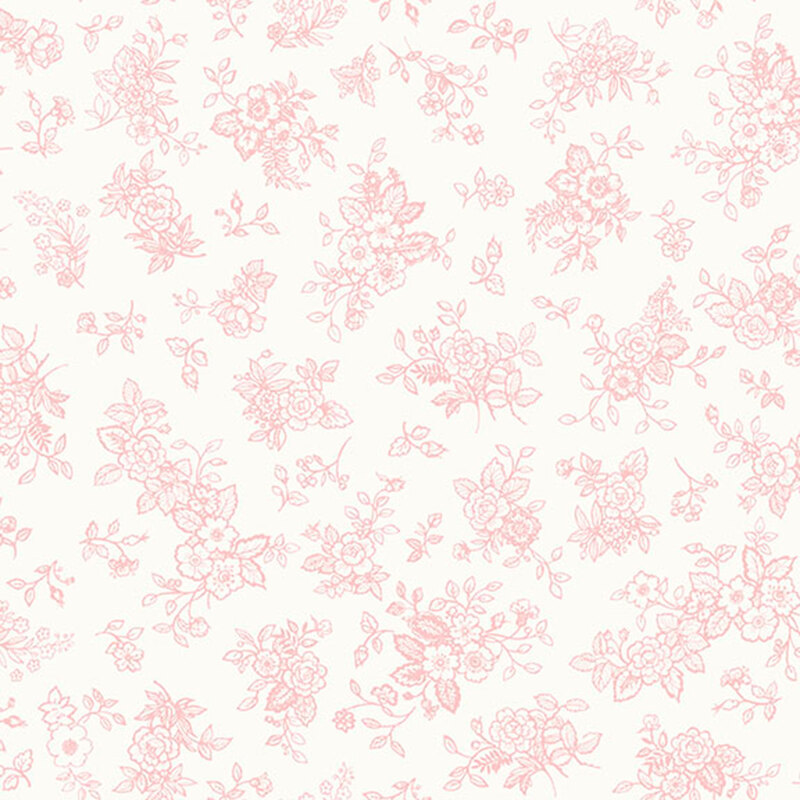 scattered floral bouquets and sprigs outlined in a light pink hue on a soft white background