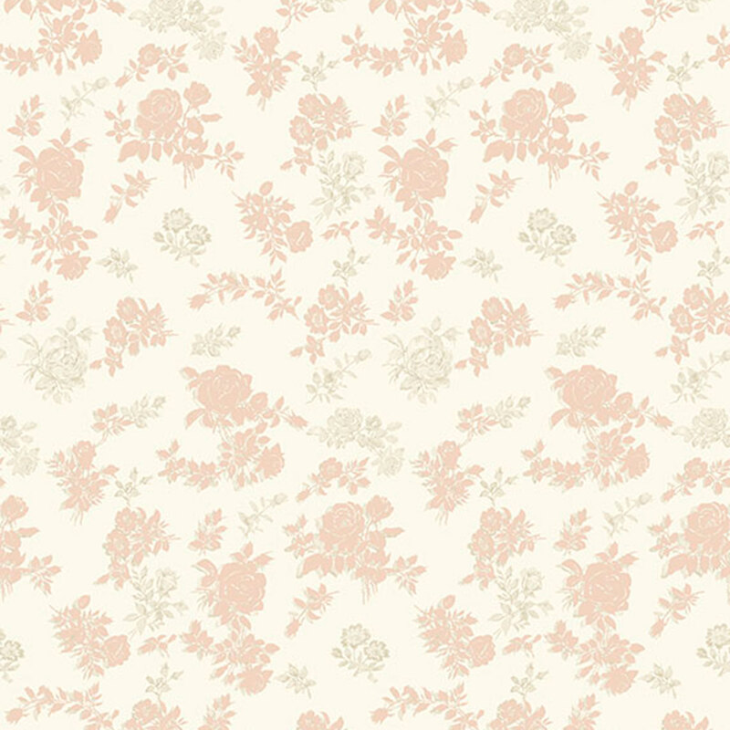 dusty rose and greige rose bouquets and floral sprigs on a light beige background.