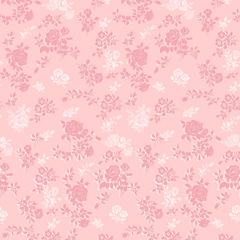 dark pink and white rose bouquets and floral sprigs on a millennial pink background.