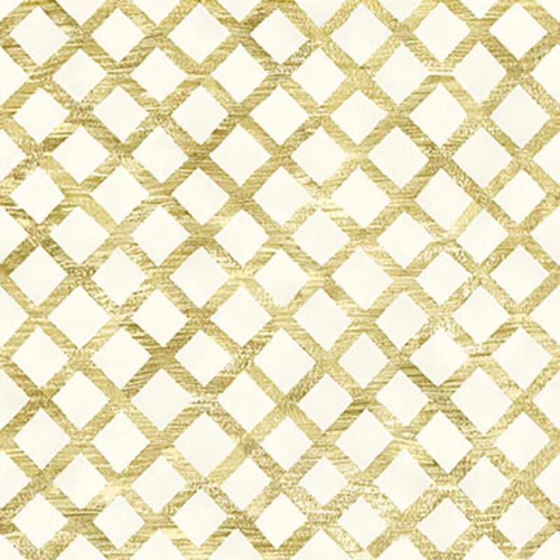 metallic gold lattice pattern on a soft white background.