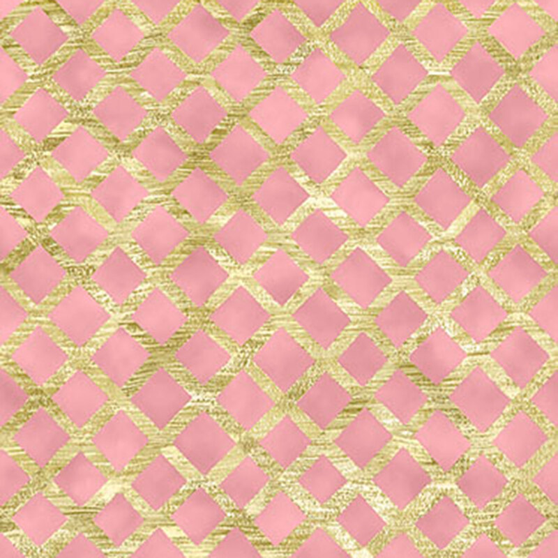metallic gold lattice pattern on a mottled blush background.