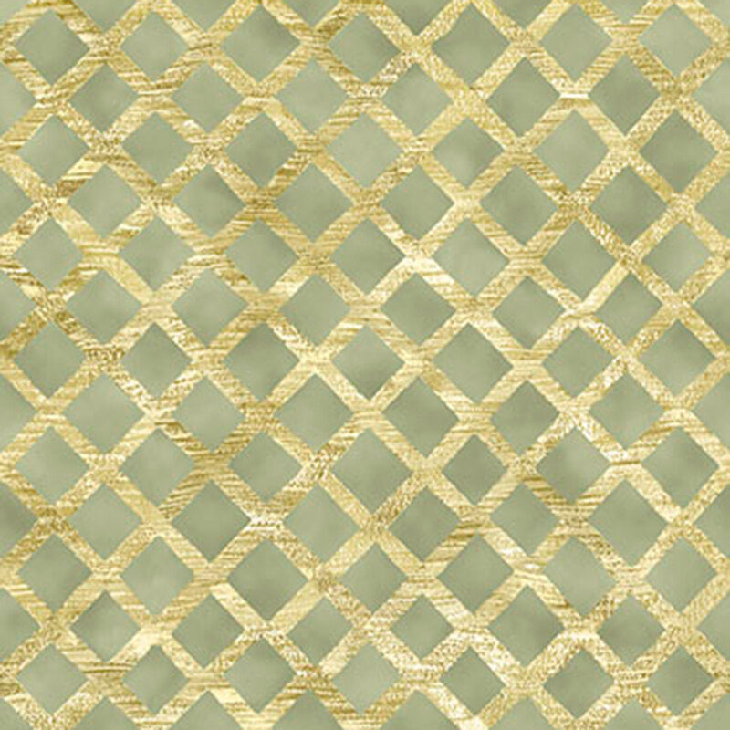 metallic gold lattice pattern on a mottled sage background.