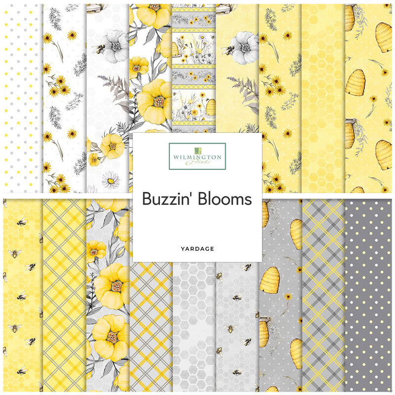Collage of fabrics from the Buzzin' Bloom collections featuring bee, plaid, and floral prints