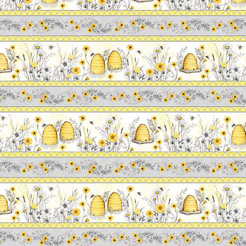 white border strip fabric featuring florals and bee hives alternating with a gray polka dot stripe with floral garland centers and yellow geometric borders
