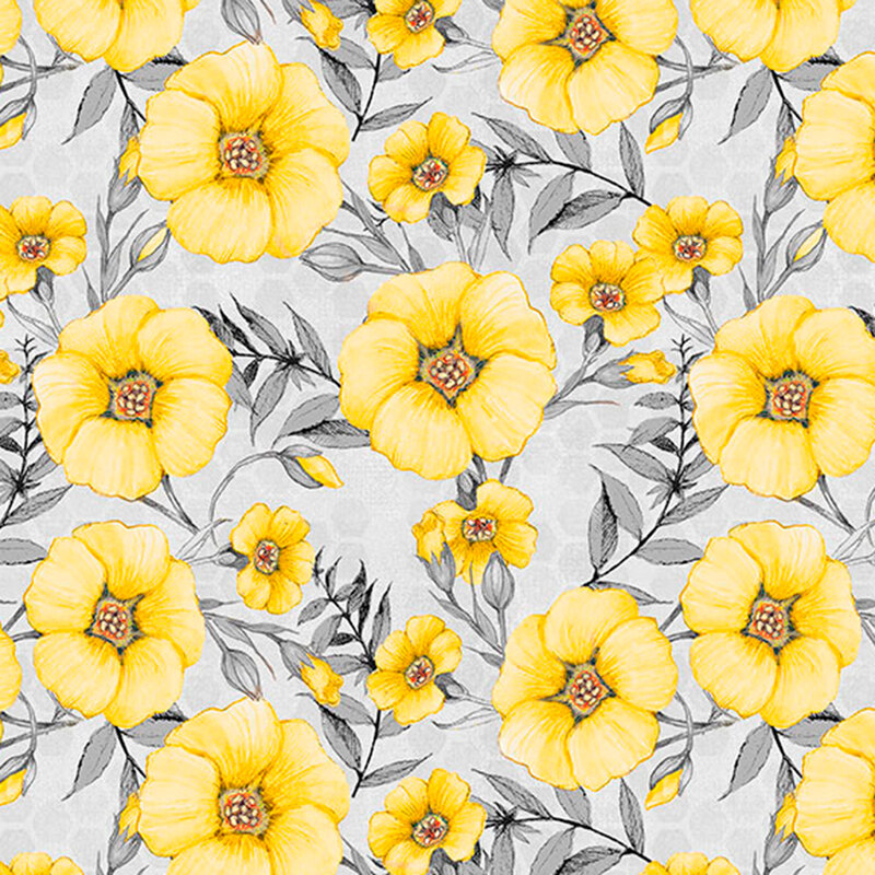 yellow poppy flowers with black and gray stems on a mottled light gray background