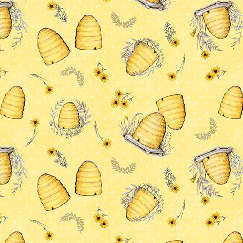 tossed pattern of beehives, yellow daisies, and leaf sprigs on a daffodil yellow background with white polka dots