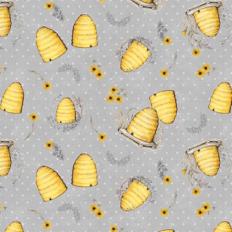 tossed pattern of beehives, yellow daisies, and leaf sprigs on a gray background with white polka dots