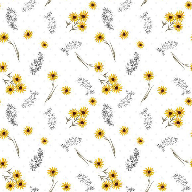 tossed pattern of yellow daisies black and leaf sprigs on a white background with gray polka dots