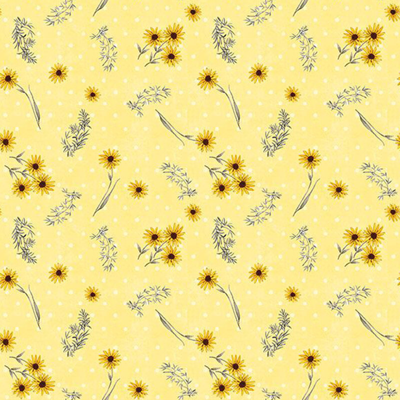 tossed pattern of yellow daisies, and gray leaf sprigs on a daffodil yellow background with white polka dots